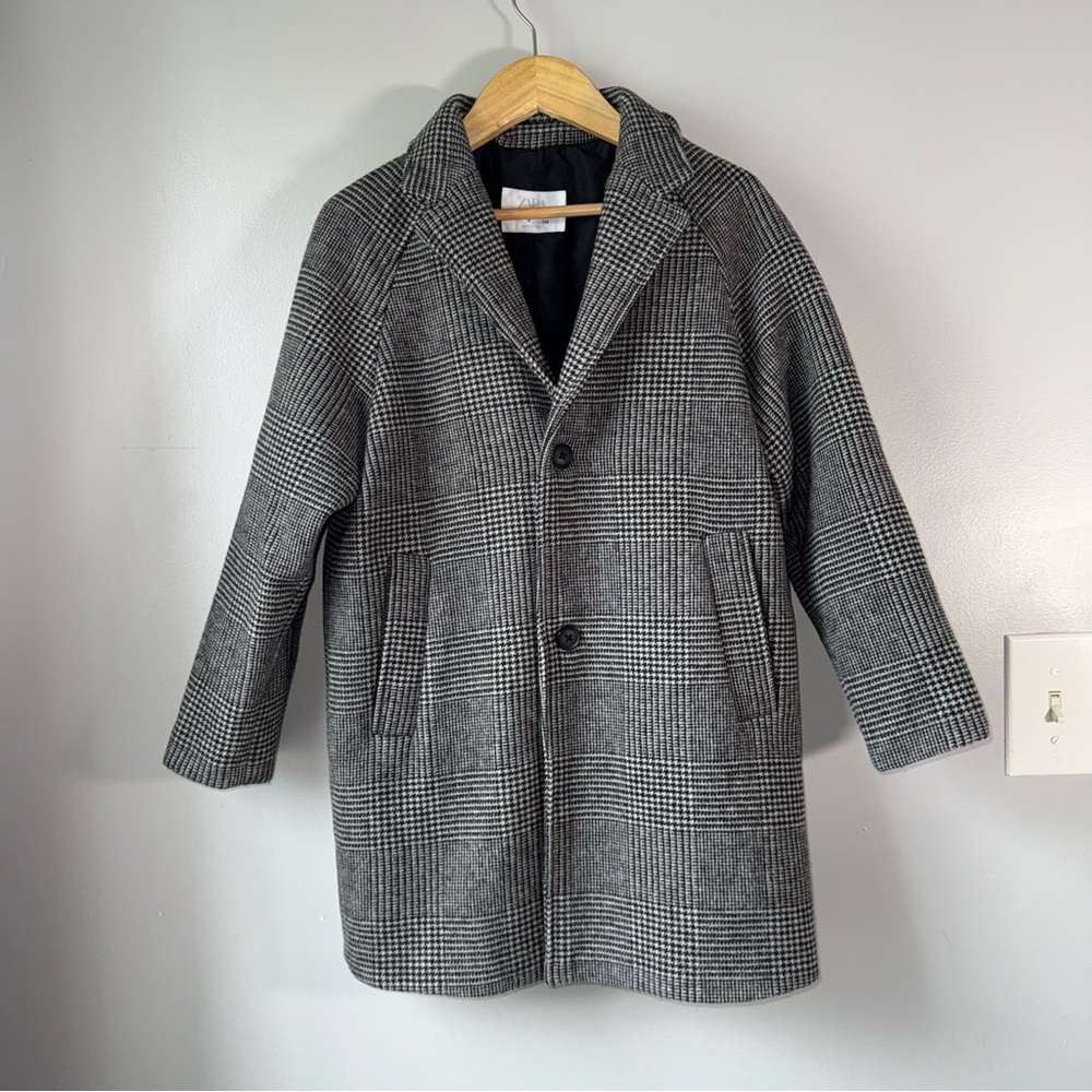 Zara Kids Black and White Plaid Pea Coat